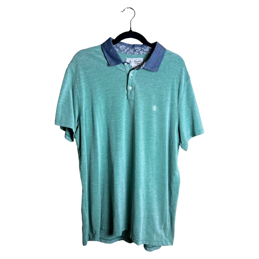 Original Penguin Polo Shirt Vintage Men's XL Green Contrast Floral‎ Collar XL